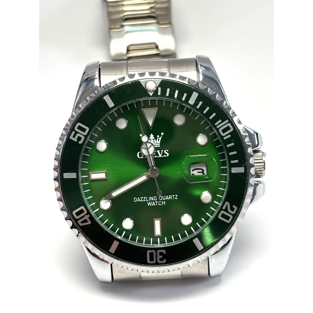 OLEVS 5885G Men's Green Dial Quartz Watch Date Stainless Steel Bracelet New